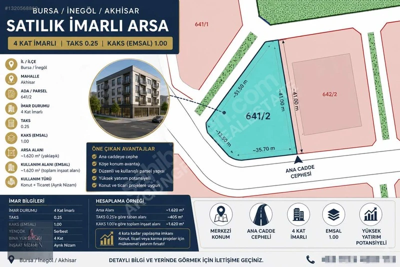 AKGÜN'DEN SATILIK AKHİSARDA 1376M2 4 KAT İMARLI FIRSAT ARSA!! Fotoğraf 1