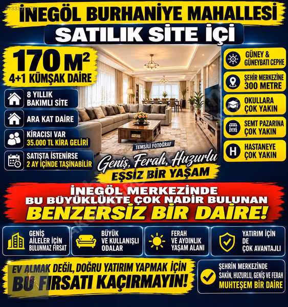 İNEGÖL BURHANİYE MH SATILIK 170M² 4+1 GENİŞ VE FERAH DAİRE - Gayrimenkul Vitrin Görseli