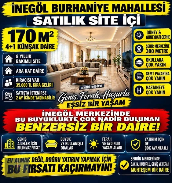 İNEGÖL BURHANİYE MH SATILIK 170M² 4+1 GENİŞ VE FERAH DAİRE Fotoğraf 3